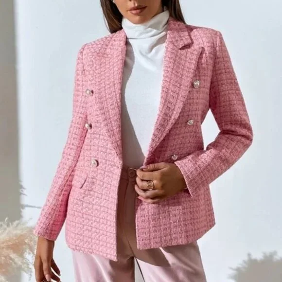 Pink Tweed Plaid Double Breasted Blazer - Picture 5 of 6